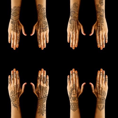 9 Sheet Henna Tattoo Stencils Kit - Reusable Self-Adhesive Henna Templates for Hand & Forearm, Indian & Arabian Designs - görsel 4