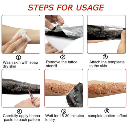 9 Sheet Henna Tattoo Stencils Kit - Reusable Self-Adhesive Henna Templates for Hand & Forearm, Indian & Arabian Designs