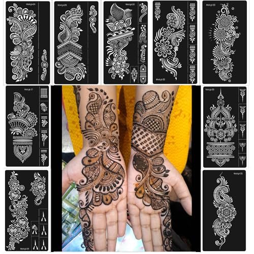 9 Sheet Henna Tattoo Stencils Kit - Reusable Self-Adhesive Henna Templates for Hand & Forearm, Indian & Arabian Designs - görsel 2