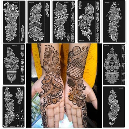 9 Sheet Henna Tattoo Stencils Kit - Reusable Self-Adhesive Henna Templates for Hand & Forearm, Indian & Arabian Designs