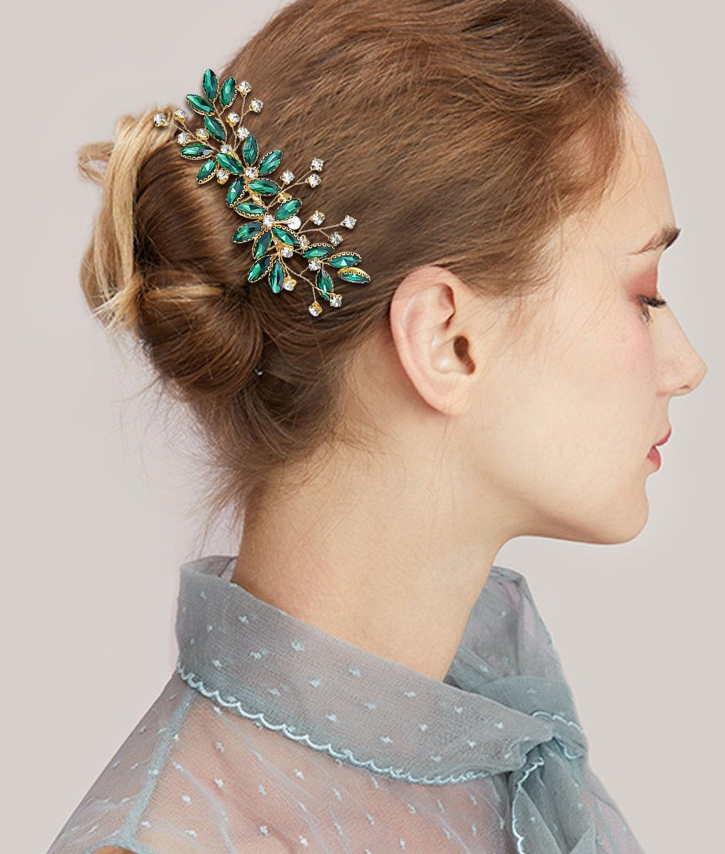 Green Crystal Bride Wedding Hair Side Comb - Green Leaf Rhinestone Gold Hair Vine, Rhinestone Bride Headpiece Jewelry for Women - görsel 7