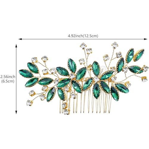 Green Crystal Bride Wedding Hair Side Comb - Green Leaf Rhinestone Gold Hair Vine, Rhinestone Bride Headpiece Jewelry for Women - görsel 4