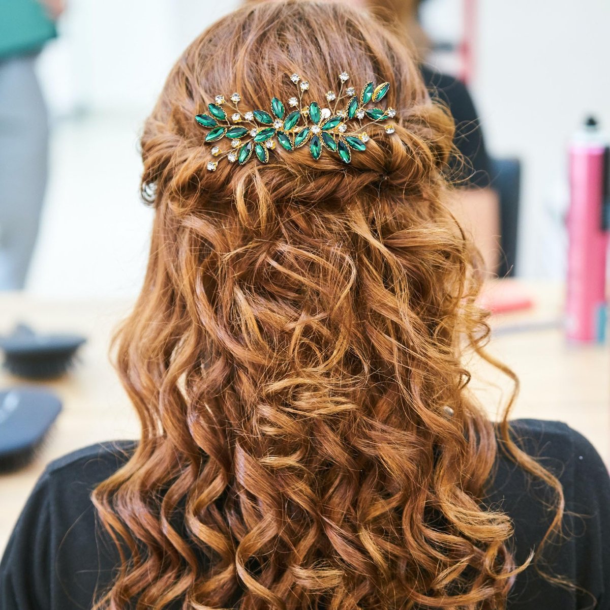 Green Crystal Bride Wedding Hair Side Comb - Green Leaf Rhinestone Gold Hair Vine, Rhinestone Bride Headpiece Jewelry for Women - görsel 11