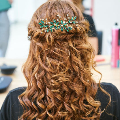 Green Crystal Bride Wedding Hair Side Comb - Green Leaf Rhinestone Gold Hair Vine, Rhinestone Bride Headpiece Jewelry for Women