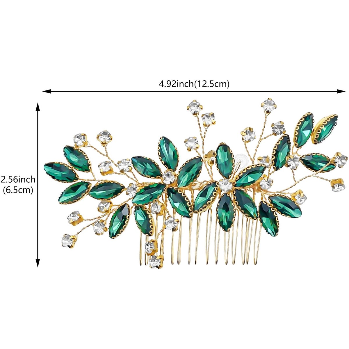 Green Crystal Bride Wedding Hair Side Comb - Green Leaf Rhinestone Gold Hair Vine, Rhinestone Bride Headpiece Jewelry for Women - görsel 3