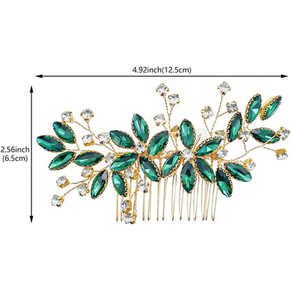Green Crystal Bride Wedding Hair Side Comb - Green Leaf Rhinestone Gold Hair Vine, Rhinestone Bride Headpiece Jewelry for Women
