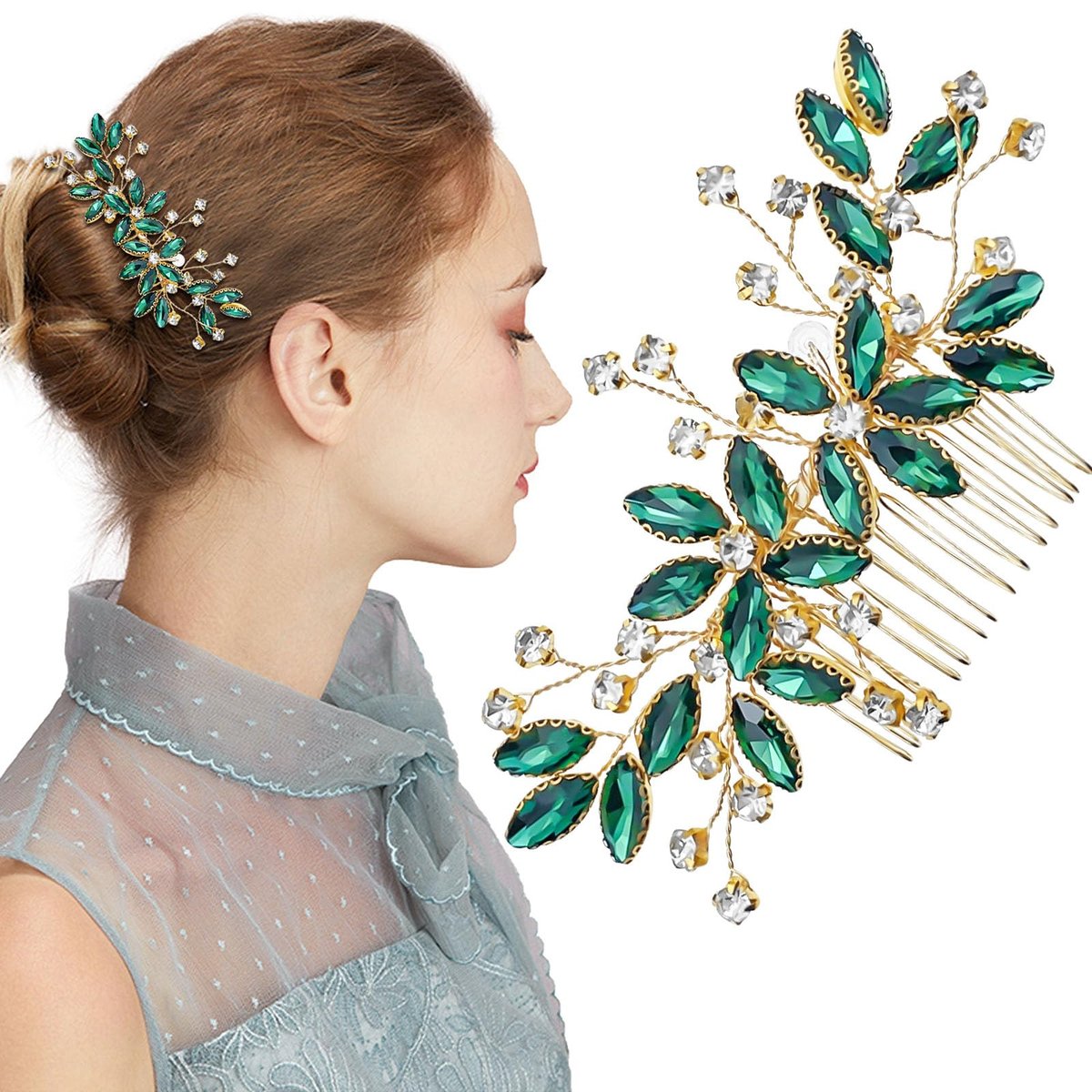 Green Crystal Bride Wedding Hair Side Comb - Green Leaf Rhinestone Gold Hair Vine, Rhinestone Bride Headpiece Jewelry for Women - görsel 1