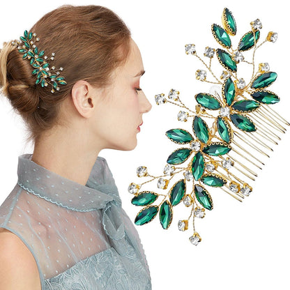 Green Crystal Bride Wedding Hair Side Comb - Green Leaf Rhinestone Gold Hair Vine, Rhinestone Bride Headpiece Jewelry for Women