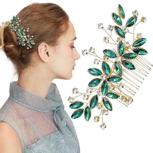 Green Crystal Bride Wedding Hair Side Comb - Green Leaf Rhinestone Gold Hair Vine, Rhinestone Bride Headpiece Jewelry for Women - görsel 2