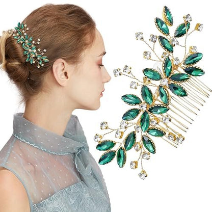 Green Crystal Bride Wedding Hair Side Comb - Green Leaf Rhinestone Gold Hair Vine, Rhinestone Bride Headpiece Jewelry for Women