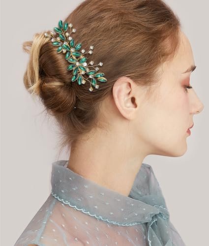 Green Crystal Bride Wedding Hair Side Comb - Green Leaf Rhinestone Gold Hair Vine, Rhinestone Bride Headpiece Jewelry for Women - görsel 8