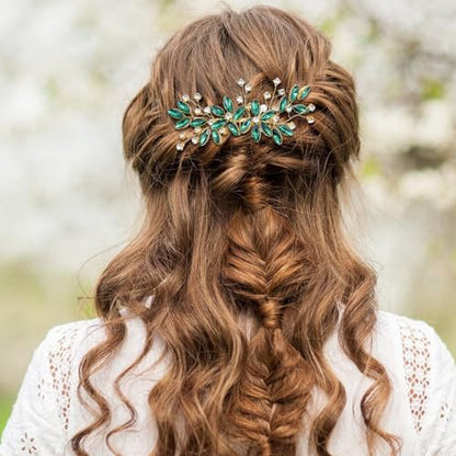 Green Crystal Bride Wedding Hair Side Comb - Green Leaf Rhinestone Gold Hair Vine, Rhinestone Bride Headpiece Jewelry for Women