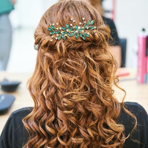 Green Crystal Bride Wedding Hair Side Comb - Green Leaf Rhinestone Gold Hair Vine, Rhinestone Bride Headpiece Jewelry for Women - görsel 12