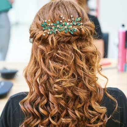 Green Crystal Bride Wedding Hair Side Comb - Green Leaf Rhinestone Gold Hair Vine, Rhinestone Bride Headpiece Jewelry for Women