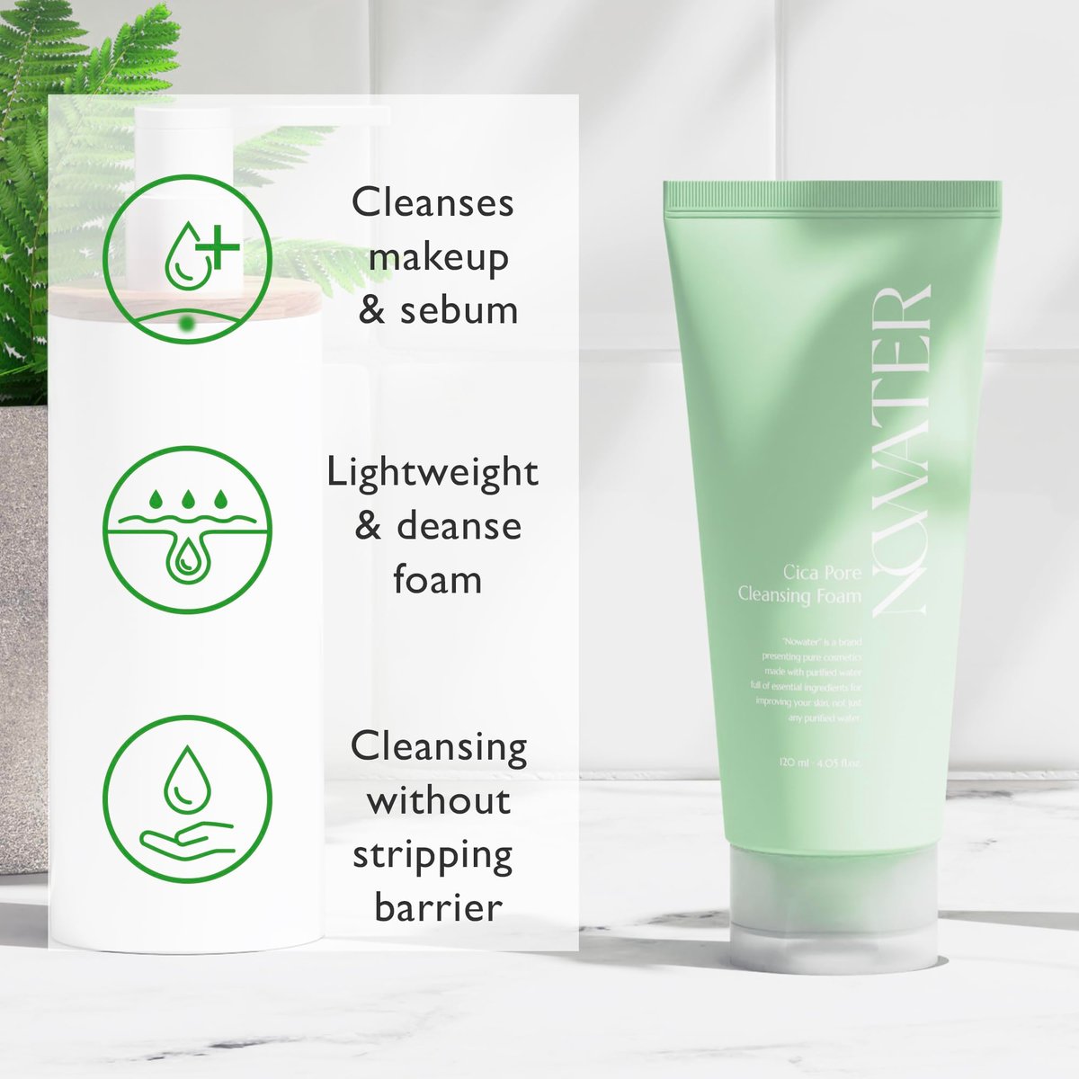 NOWATER Korean Foaming Face Wash with Centella (Cica) – Pore Cleansing Foam for Oily & Acne-Prone Skin, Hyaluronic Acid, Aloe Vera & AHA BHA, Daily Gentle Sebum Control, 4.05 fl.oz - görsel 11