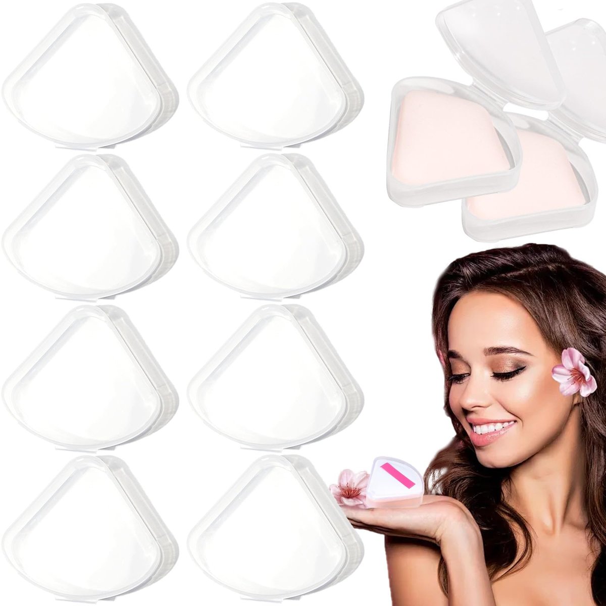 8 PCS Triangle Powder Puffs Holder Cases - Clear Makeup Sponge Protective Container, Portable Beauty Blender Holder, Reusable Dust-Proof Pocket Cosmetic Puff Box for Travel (Transparent) - görsel 1
