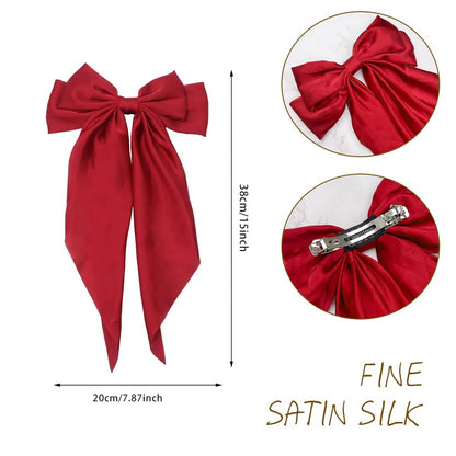 HAALII Oversized Satin Hair Barrettes - 3 Pack Ribbon Bowknot Clips for Women (White, Red, Black)