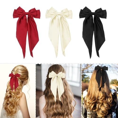HAALII Oversized Satin Hair Barrettes - 3 Pack Ribbon Bowknot Clips for Women (White, Red, Black) - görsel 10