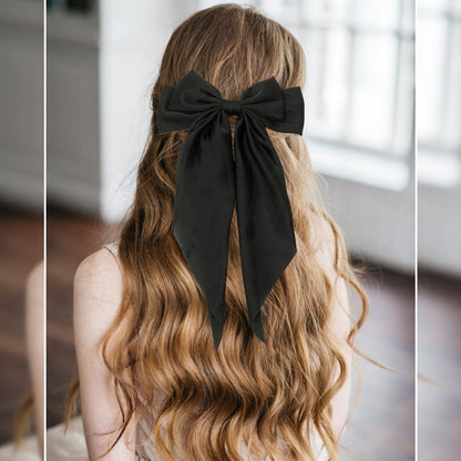 HAALII Oversized Satin Hair Barrettes - 3 Pack Ribbon Bowknot Clips for Women (White, Red, Black)