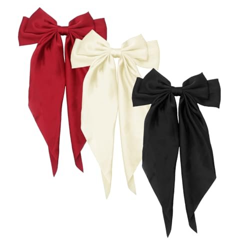 HAALII Oversized Satin Hair Barrettes - 3 Pack Ribbon Bowknot Clips for Women (White, Red, Black) - görsel 2