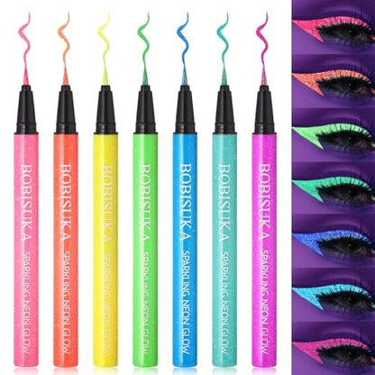 BOBISUKA 7 Colors Neon Eye Liner: UV Glitter Liquid Eyeliner Pencil Set - Waterproof, Smudge-proof Rainbow Eyeshadow for Halloween, Party & Birthday
