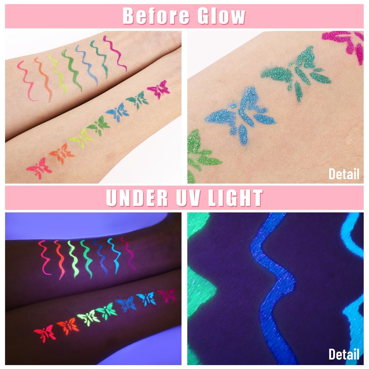 BOBISUKA 7 Colors Neon Eye Liner: UV Glitter Liquid Eyeliner Pencil Set - Waterproof, Smudge-proof Rainbow Eyeshadow for Halloween, Party & Birthday - görsel 3