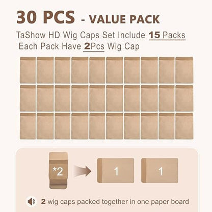 TaShow 30 Pack Ultra Thin Transparent Wig Caps for Women – Breathable Nylon Stocking Cap for Long Thick Hair with Elastic Band