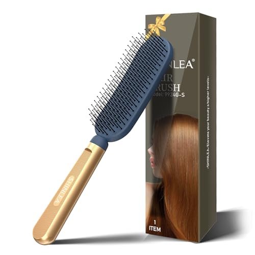 SHINLEA Slim Hair Brush for Fine, Thin & Thick Hair - Soft Double Nylon Bristles for Deep Detangling & Scalp Massage - Luxury Gold Metal Handle - Navy Blue & Gold Avelisse
