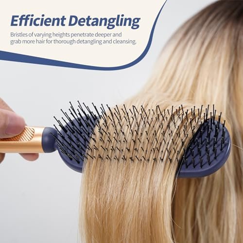 SHINLEA Slim Hair Brush for Fine, Thin & Thick Hair - Soft Double Nylon Bristles for Deep Detangling & Scalp Massage - Luxury Gold Metal Handle - Navy Blue & Gold Avelisse