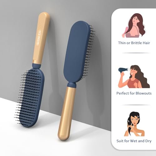 SHINLEA Slim Hair Brush for Fine, Thin & Thick Hair - Soft Double Nylon Bristles for Deep Detangling & Scalp Massage - Luxury Gold Metal Handle - Navy Blue & Gold Avelisse