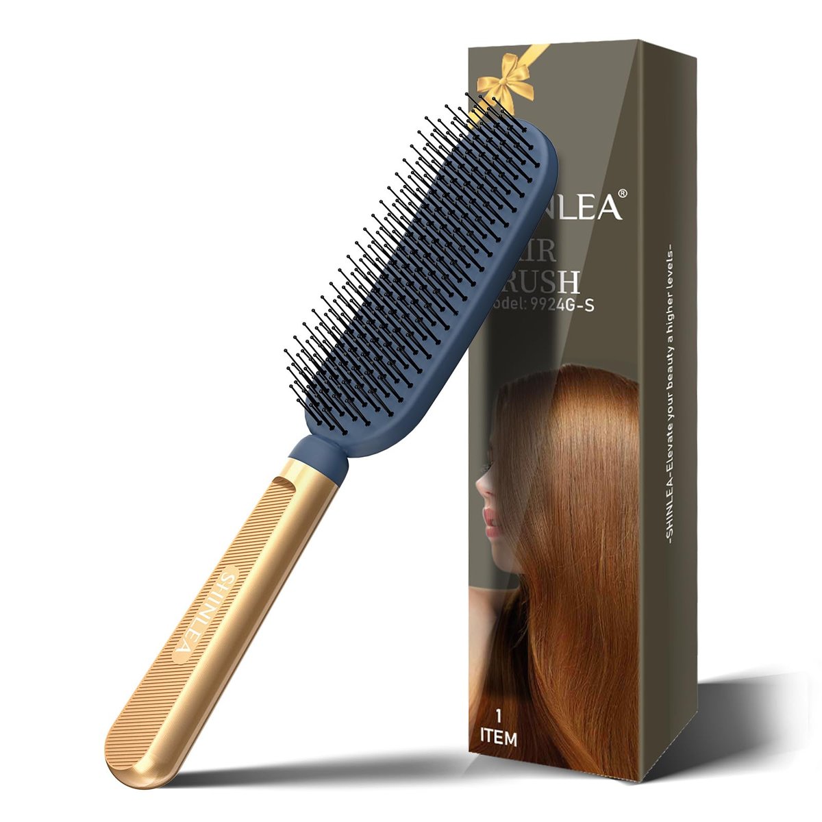 SHINLEA Slim Hair Brush for Fine, Thin & Thick Hair - Soft Double Nylon Bristles for Deep Detangling & Scalp Massage - Luxury Gold Metal Handle - Navy Blue & Gold Avelisse