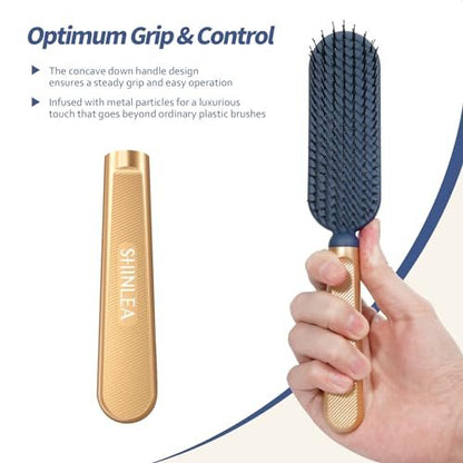 SHINLEA Slim Hair Brush for Fine, Thin & Thick Hair - Soft Double Nylon Bristles for Deep Detangling & Scalp Massage - Luxury Gold Metal Handle - Navy Blue & Gold Avelisse