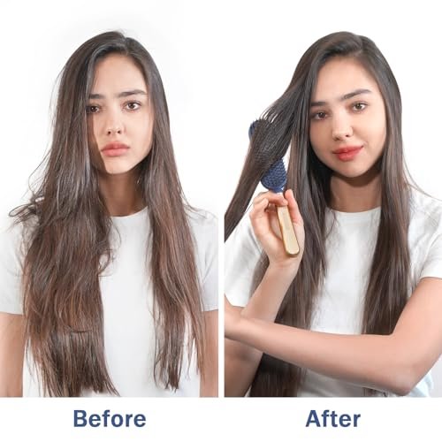 SHINLEA Slim Hair Brush for Fine, Thin & Thick Hair - Soft Double Nylon Bristles for Deep Detangling & Scalp Massage - Luxury Gold Metal Handle - Navy Blue & Gold Avelisse