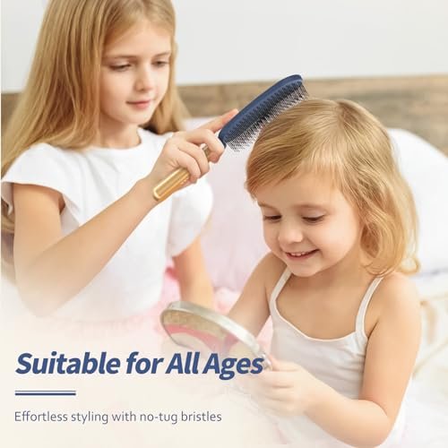 SHINLEA Slim Hair Brush for Fine, Thin & Thick Hair - Soft Double Nylon Bristles for Deep Detangling & Scalp Massage - Luxury Gold Metal Handle - Navy Blue & Gold Avelisse
