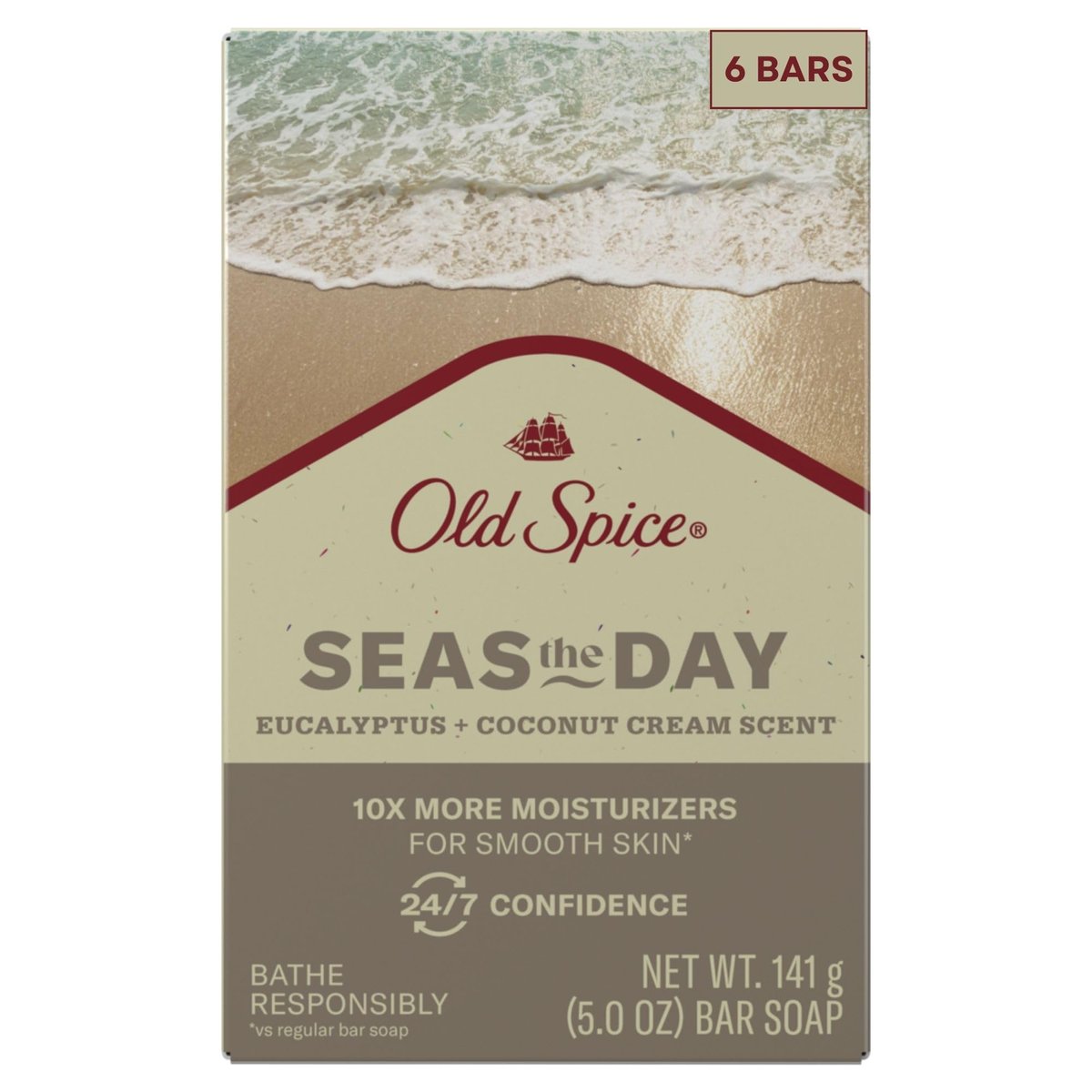 Old Spice Premium Bar Soap, Seas The Day Eucalyptus and Coconut Cream Scent, 5.0 oz (Pack of 6) Avelisse