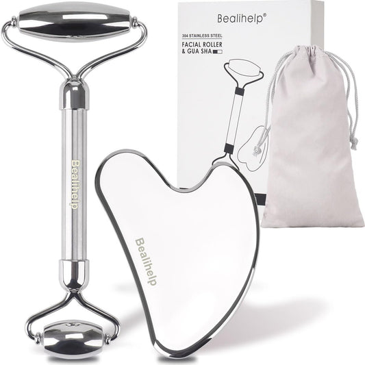 Bealihelp Stainless Steel Face Roller and Gua Sha Set for Lymphatic Drainage, Puffiness, and Wrinkles