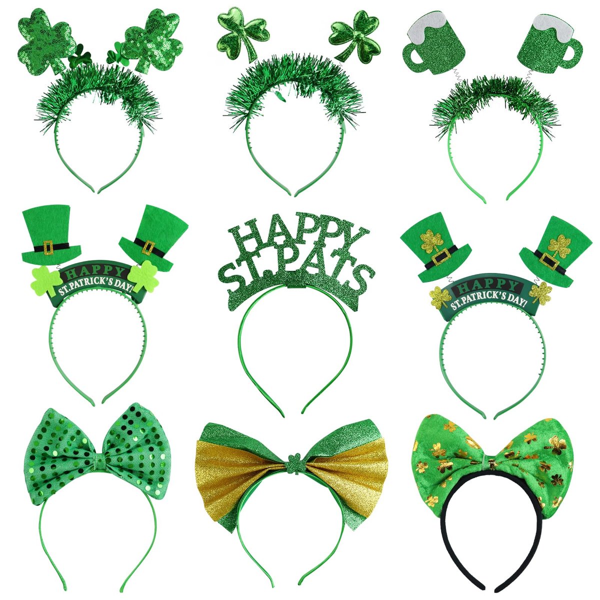 GoosWexmzl 9-Piece St. Patrick's Day Headband Set - Green Shamrock Clover Headwear for Women & Girls - görsel 1