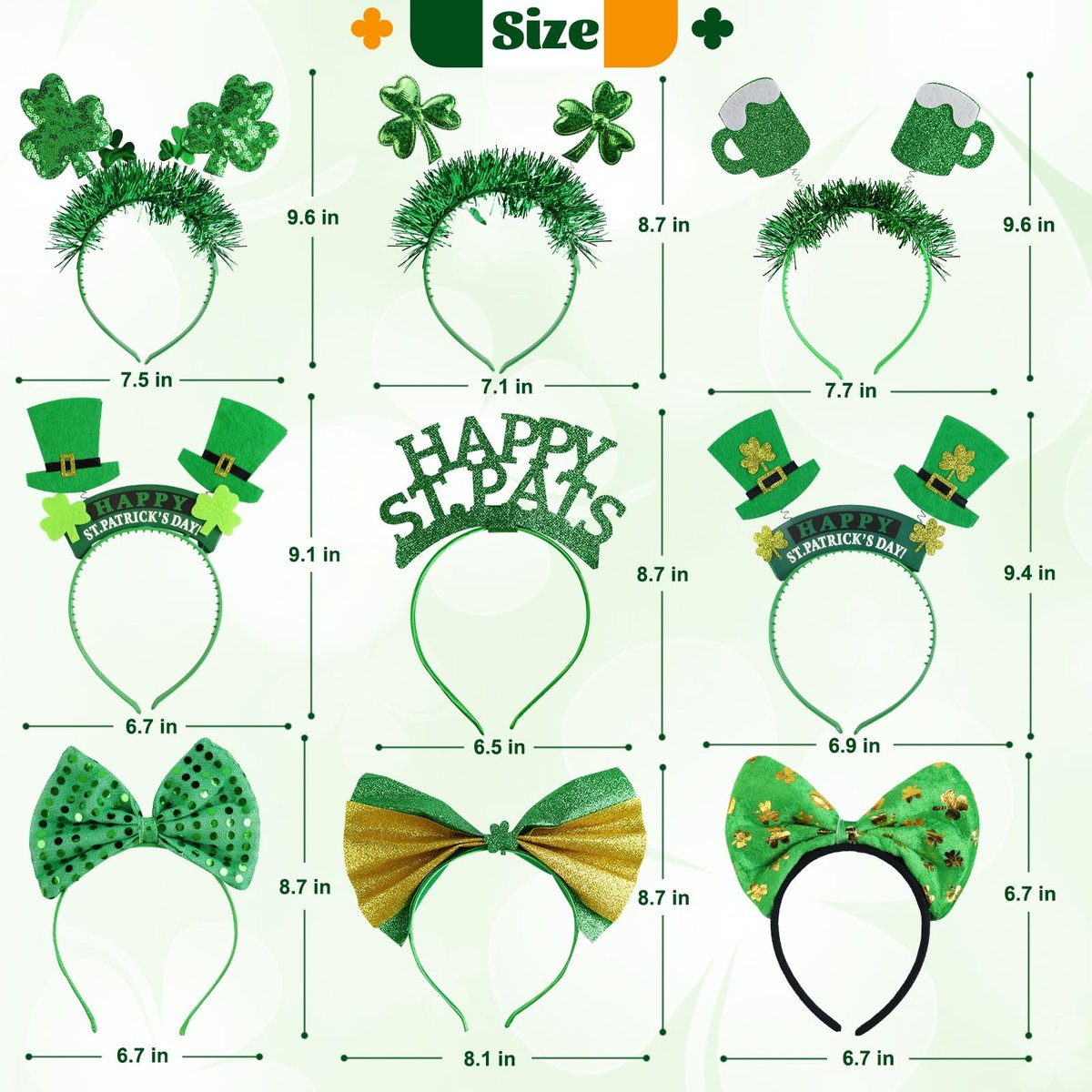 GoosWexmzl 9-Piece St. Patrick's Day Headband Set - Green Shamrock Clover Headwear for Women & Girls - görsel 3