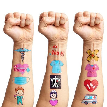 96 PCS Nurse Week Pre-cut Temporary Tattoos - Ambulance, Car, Medical Designs for Kids & Adults - Party Favors, School Prizes, Emergency Hospital Doctor Gift