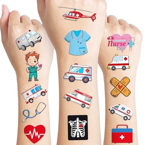 96 PCS Nurse Week Pre-cut Temporary Tattoos - Ambulance, Car, Medical Designs for Kids & Adults - Party Favors, School Prizes, Emergency Hospital Doctor Gift - görsel 2