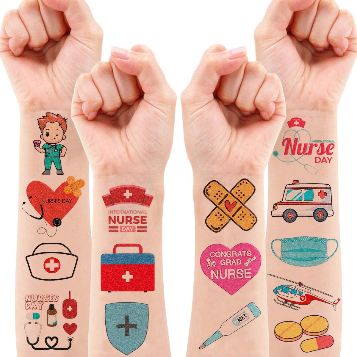 96 PCS Nurse Week Pre-cut Temporary Tattoos - Ambulance, Car, Medical Designs for Kids & Adults - Party Favors, School Prizes, Emergency Hospital Doctor Gift - görsel 15