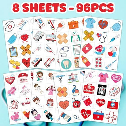 96 PCS Nurse Week Pre-cut Temporary Tattoos - Ambulance, Car, Medical Designs for Kids & Adults - Party Favors, School Prizes, Emergency Hospital Doctor Gift