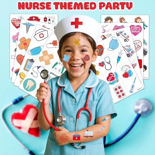 96 PCS Nurse Week Pre-cut Temporary Tattoos - Ambulance, Car, Medical Designs for Kids & Adults - Party Favors, School Prizes, Emergency Hospital Doctor Gift - görsel 4