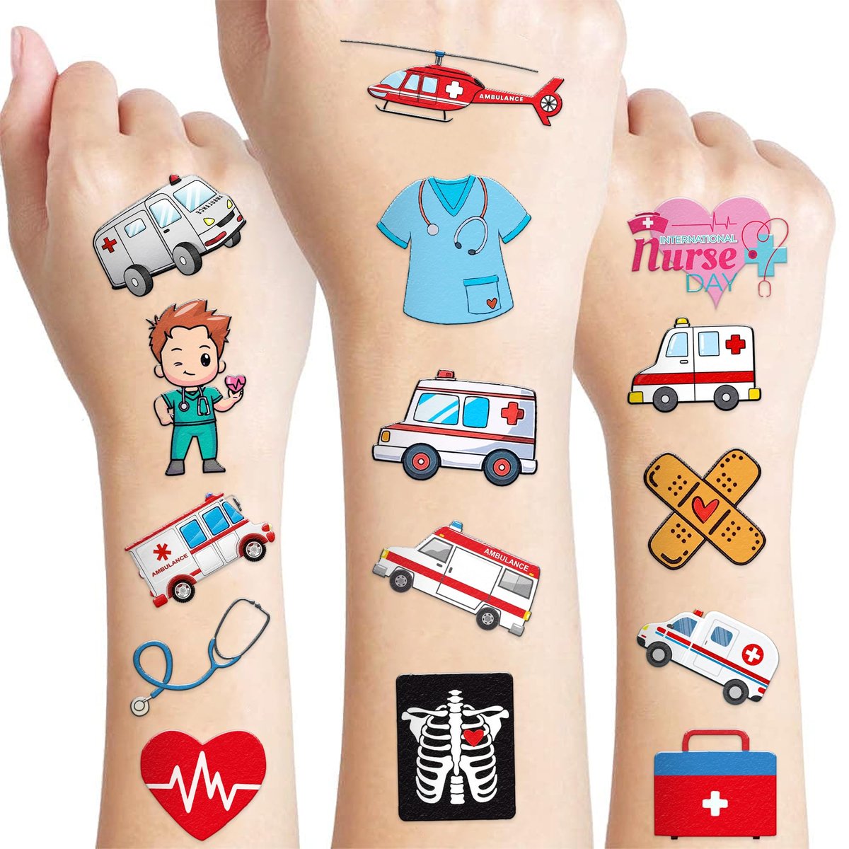 96 PCS Nurse Week Pre-cut Temporary Tattoos - Ambulance, Car, Medical Designs for Kids & Adults - Party Favors, School Prizes, Emergency Hospital Doctor Gift - görsel 1