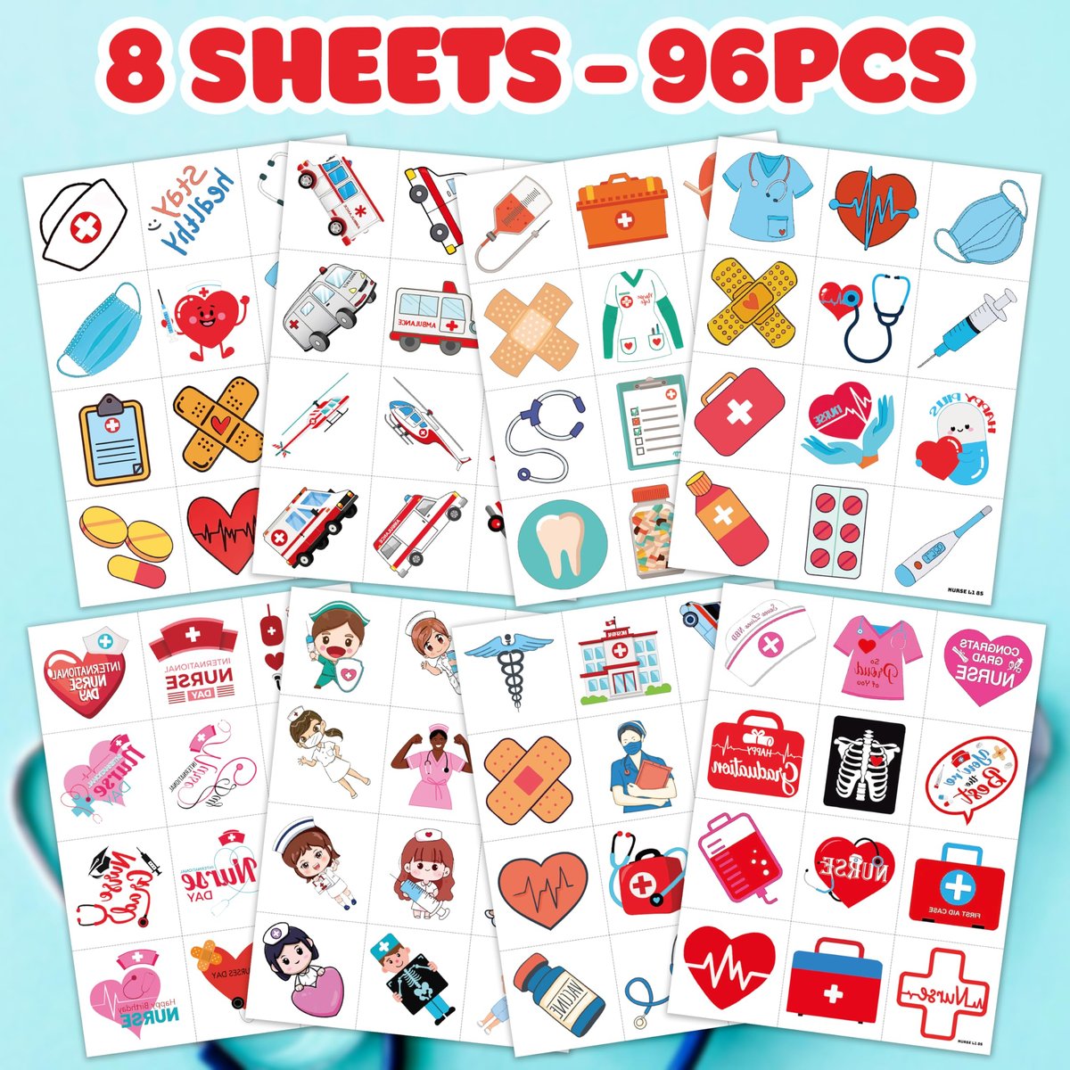 96 PCS Nurse Week Pre-cut Temporary Tattoos - Ambulance, Car, Medical Designs for Kids & Adults - Party Favors, School Prizes, Emergency Hospital Doctor Gift - görsel 5