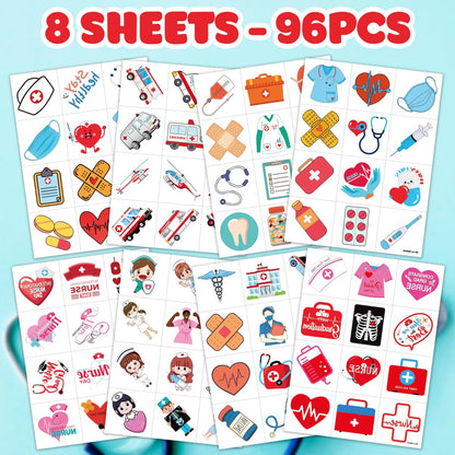 96 PCS Nurse Week Pre-cut Temporary Tattoos - Ambulance, Car, Medical Designs for Kids & Adults - Party Favors, School Prizes, Emergency Hospital Doctor Gift