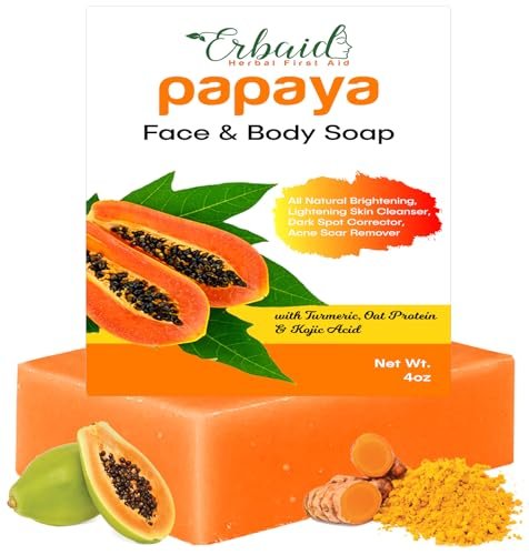 Erbaid Papaya Soap Face & Body Wash – Brightening Soap Bar for Dark Spots, Acne, Scars, Even Tone – with Turmeric, Kojic Acid & Essential Oils – All Skin Types - görsel 2