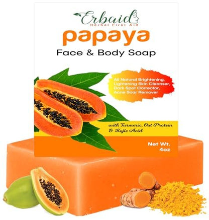 Erbaid Papaya Soap Face & Body Wash – Brightening Soap Bar for Dark Spots, Acne, Scars, Even Tone – with Turmeric, Kojic Acid & Essential Oils – All Skin Types