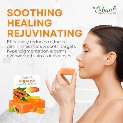 Erbaid Papaya Soap Face & Body Wash – Brightening Soap Bar for Dark Spots, Acne, Scars, Even Tone – with Turmeric, Kojic Acid & Essential Oils – All Skin Types