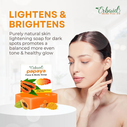 Erbaid Papaya Soap Face & Body Wash – Brightening Soap Bar for Dark Spots, Acne, Scars, Even Tone – with Turmeric, Kojic Acid & Essential Oils – All Skin Types